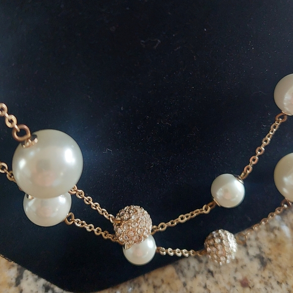 Goldstone faux pearl necklace with rhinestone beads, 23 inches long - Picture 6 of 6